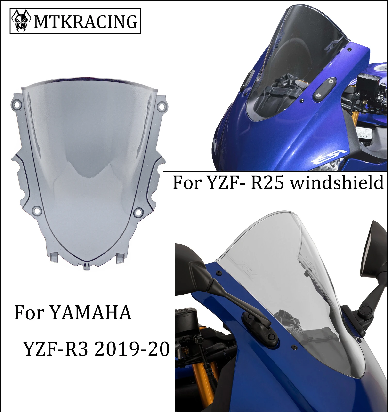 Mtkracing สำหรับ YAMAHA YZF-R3 YZF-R25รถจักรยานยนต์หน้าจอด้านหน้ากระจก Fairing กระจก2018-2022