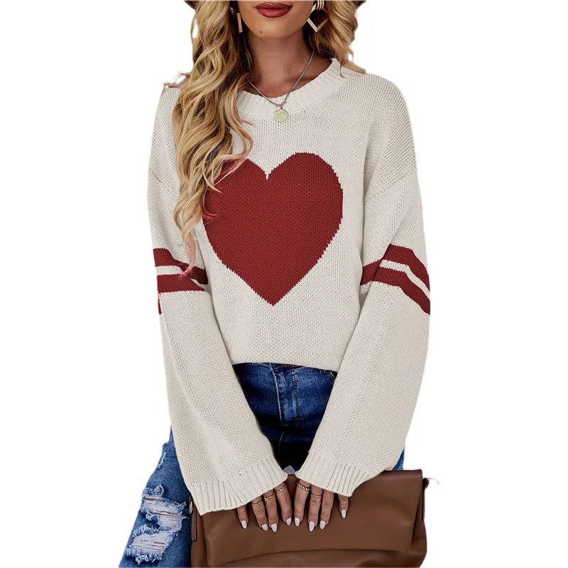 

Autumn Winter Women Casual Heart Pattern Sweater Tops Long Sleeve Round Neck Knitting Pullover Loose Street Soft Warm Jumper