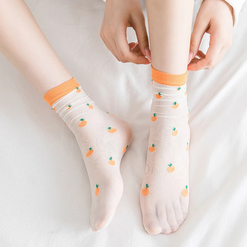 Fruit Socks for summer Ultra-thin Transparent Cass Silk Socks Ankle Short Lace Women girl Cherry Avocado Orange Strawberry