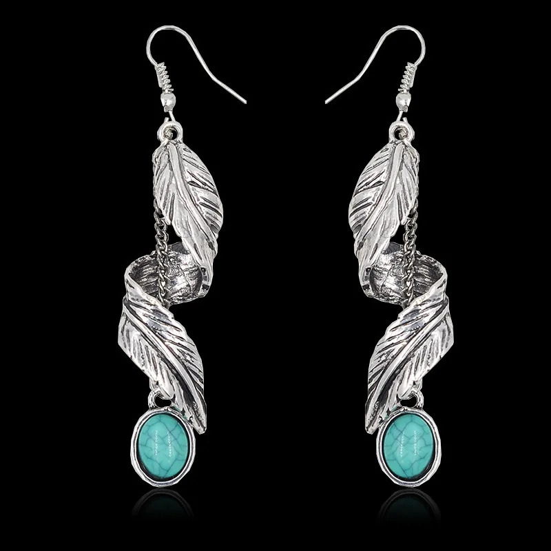 

Retro Creative Winding Feather Shape Turquoises Women Earrings Temperament Party Anniversary Earring Party Gift