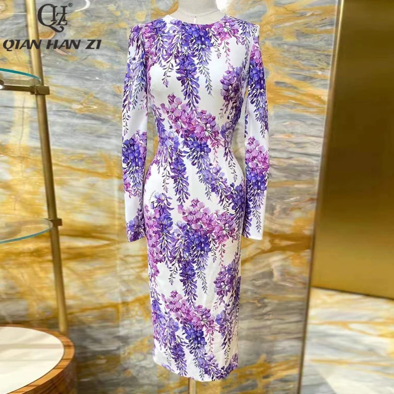 

Qian Han Zi designer runway fashion women's dress summer Long sleeve vintage amazing Flower print Slim bodycon dress