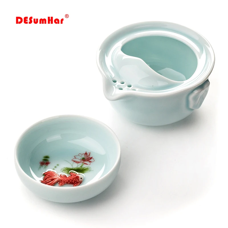 Высококачественный дорожный чайный сервиз Celadon 3D для карпа синий gaiwan стандартный