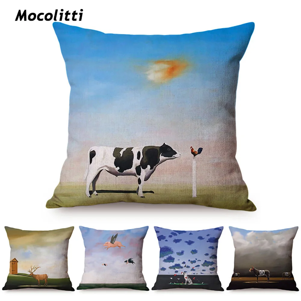 

Nordic Surrealism Sofa Cushion Cover 45x45cm Horse Deer Cow Animal Style Pillow Cover Case Linen Home Decoration for Living Room