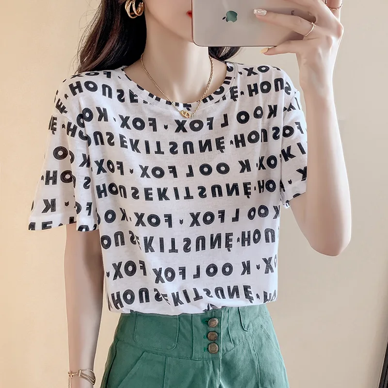 

Новинка 2021, женская модная футболка с коротким рукавом, женская летняя свободная футболка с буквенным принтом, в западном стиле и корейском ...