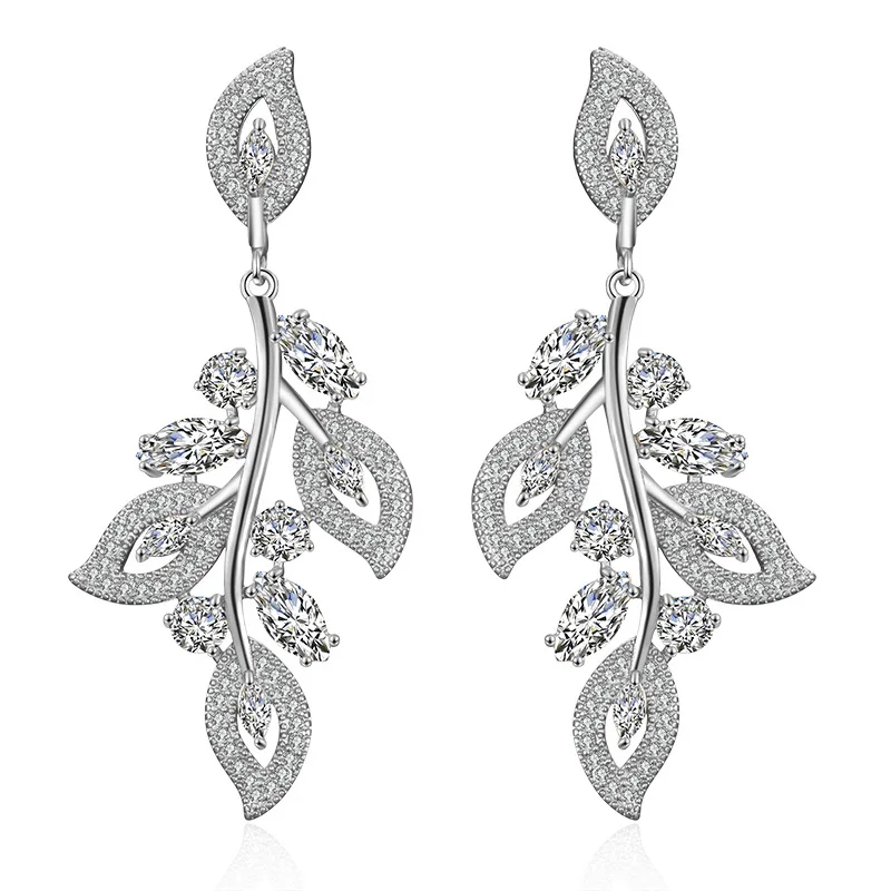 Женские серьги подвески с фианитами в виде листьев|Серьги-подвески| |
