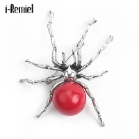 fashion metal red imitation pearl spider brooch personality insect suit lapel pin hat clothing scarf buckle men accessories