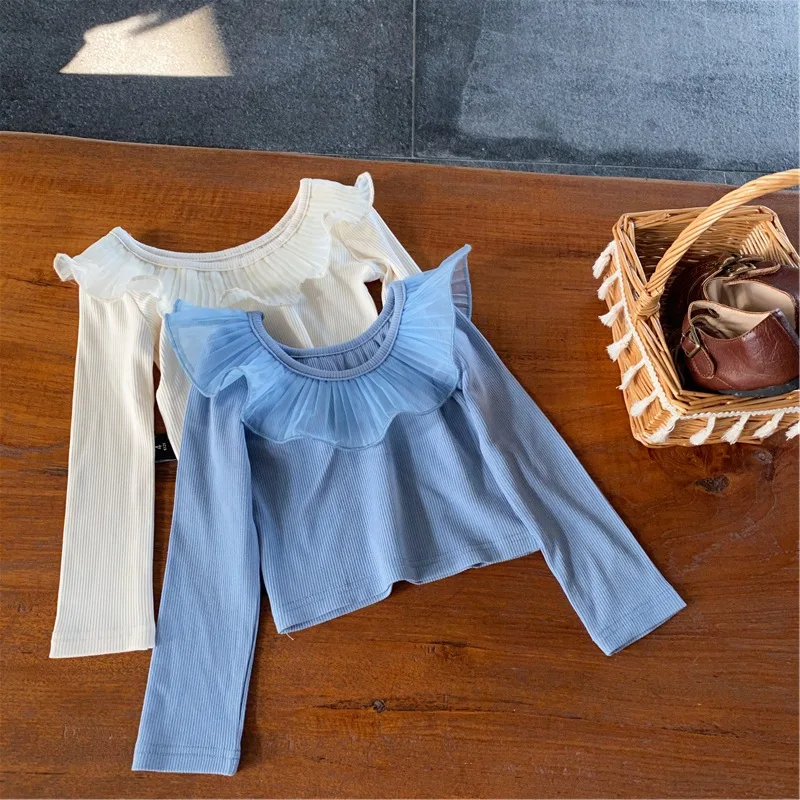 

Spring Summer Girls Shirt pleated collar Lace Shirt for Princess Girls Blouse Cotton Ribbed Kids Slim Tops Children Short Shirts