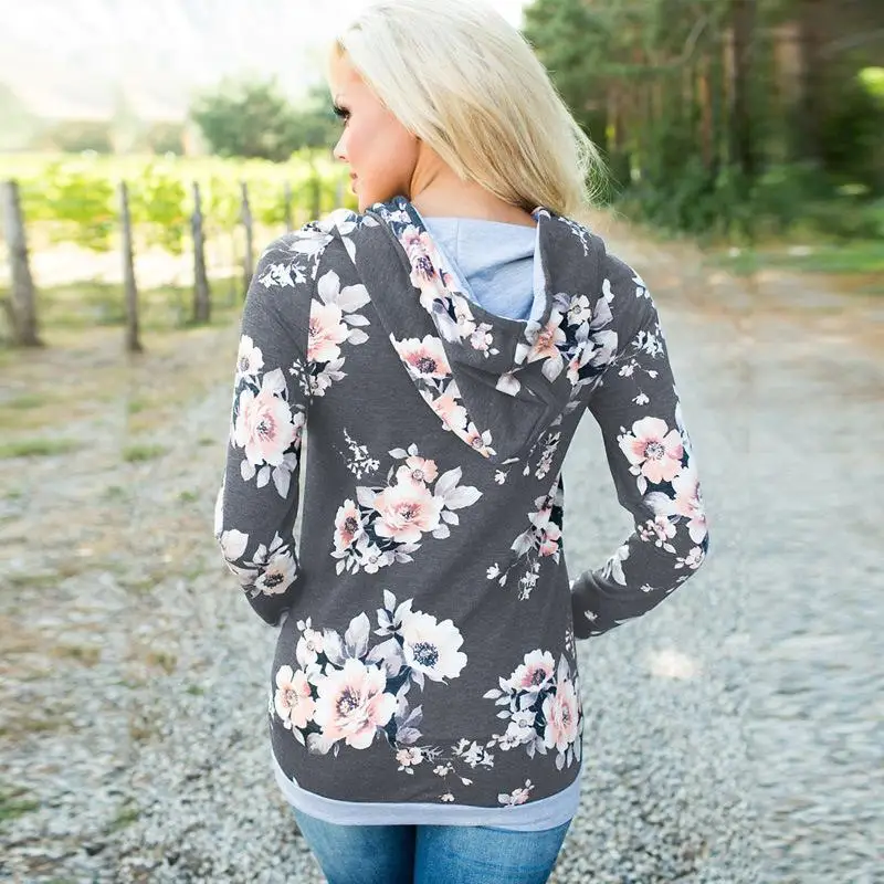 

Printed Floral Hoodies Women Autumn Winter New Fashion Casual Gray Hooded Sweatshirt Female Long Sleeve Pullovers