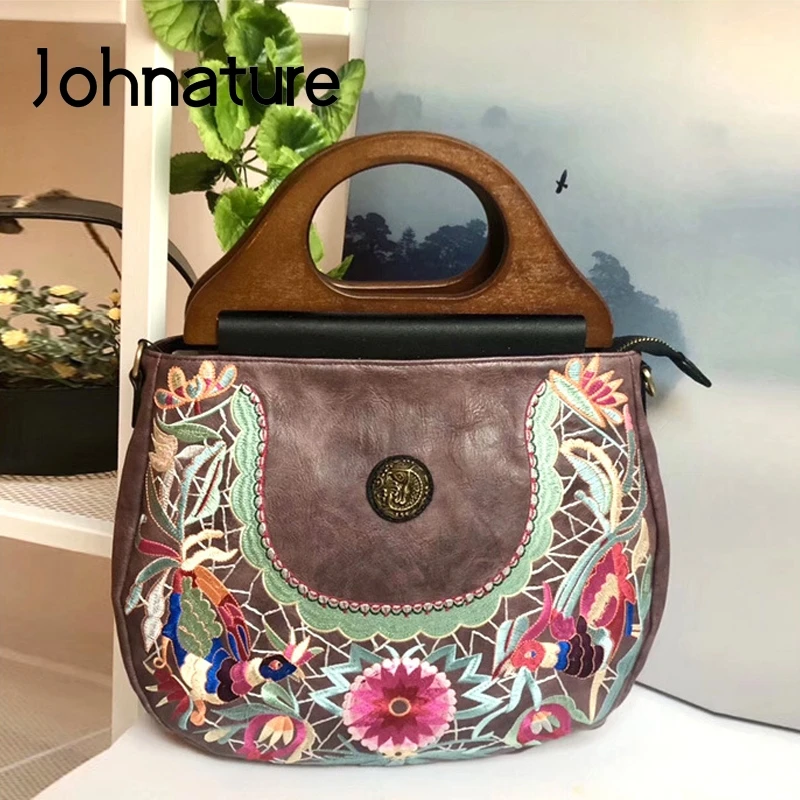 Женская кожаная сумка с вышивкой Johnature вместительная на плечо в стиле ретро 2021| |
