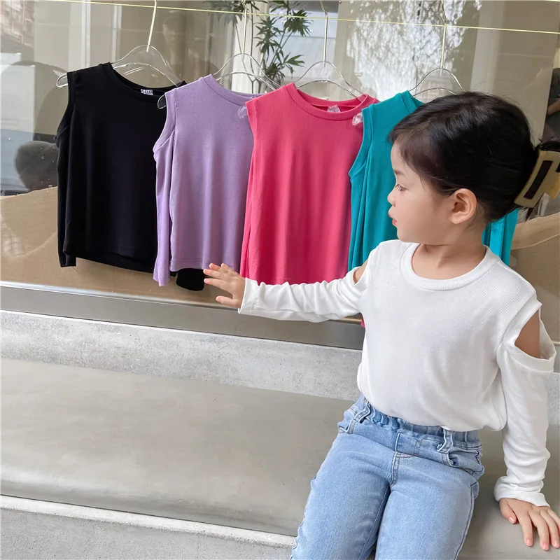 

autumn fall kids clothes baby girls open shoulder t shirt fashion toddler tops cotton streetwear knitted elastic 1 to 8 yrs