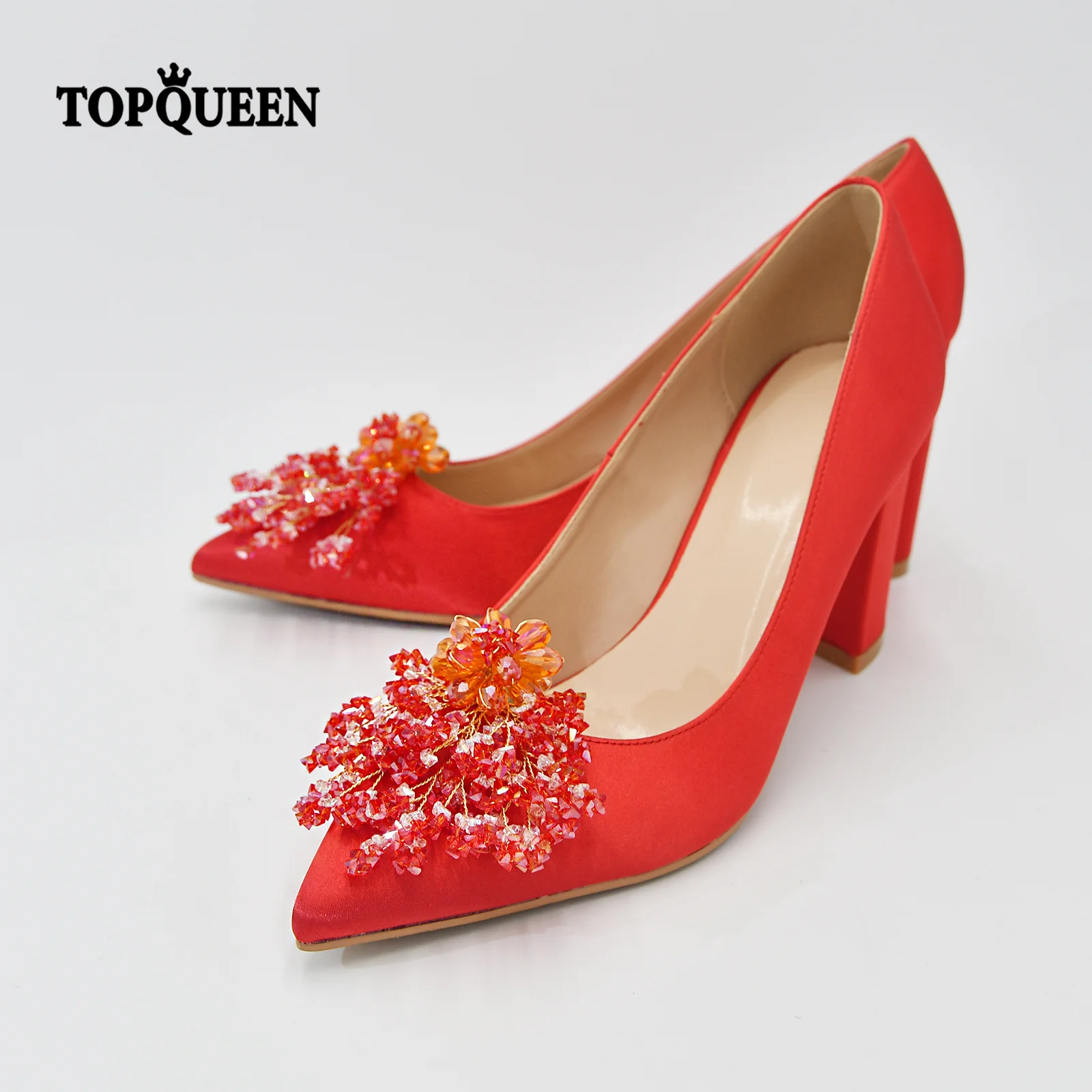 

TOPQUEEN туфли на каблуке Red Satin Pointed Rhinestone Luxury Wedding Shoes Bridal Shoes Wedding Shoes Square High Heels A50