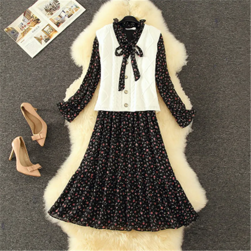 Модное платье с вязаным кардиганом свитер жилет весна-осень 2021 шифоновое