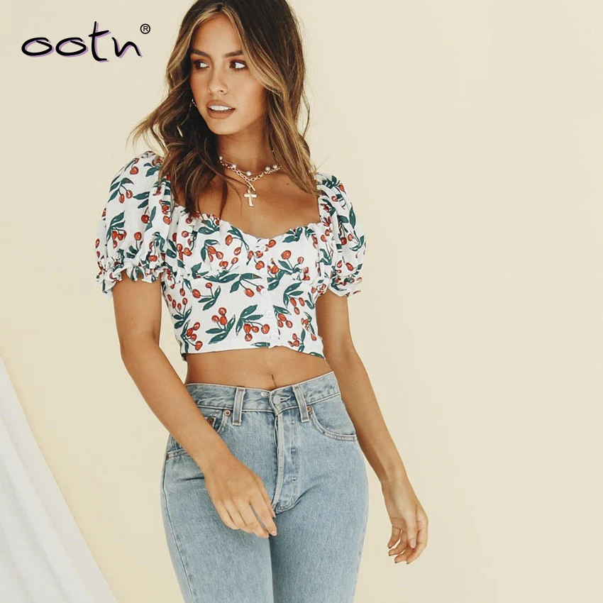 Сексуальный укороченный топ с вишневым цветочным принтом женская рубашка