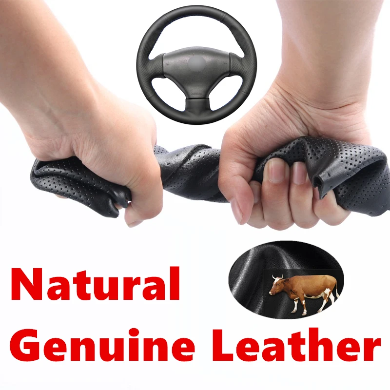 

Car Steering Wheel Covers Genuine Calfskin Leather Hand stitched Black Wrap for Peugeot 206 1998-2005 206 SW 2003-2005 206