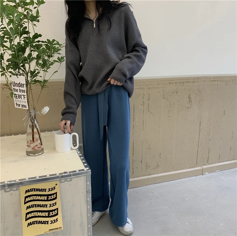 

High-waisted Strap Loose Wide Leg Pants Female Winter 2020 New Style Korean-style Drooping Slimming Casual Straight-Leg Mop