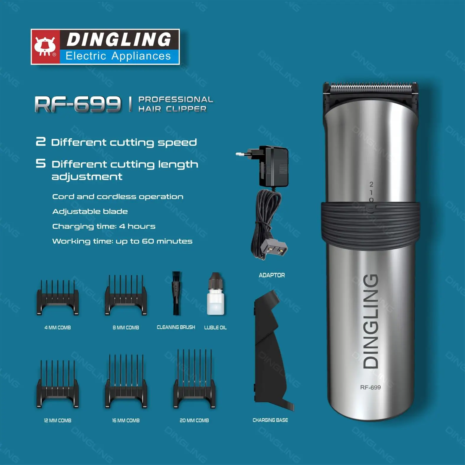 DingLing RF-699 Professional Hair Clipper Rechargeable Carbon Steel Blade Hair Trimmer For Men 4 Hours Charge Time 220V 50Hz