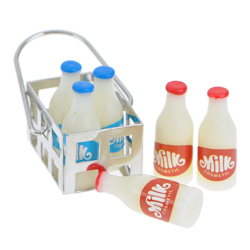 

1pc 1/12 Doll House Furniture Miniature Metal Milk Basket With 6pcs Bottles Set Dolls House Kitchen Porch Accessories Decor