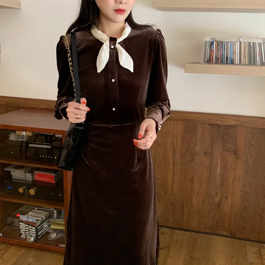 

Женское винтажное бархатное платье средней длины, элегантное черное платье во французском стиле с длинным рукавом и бантом на шее, Осень-зима