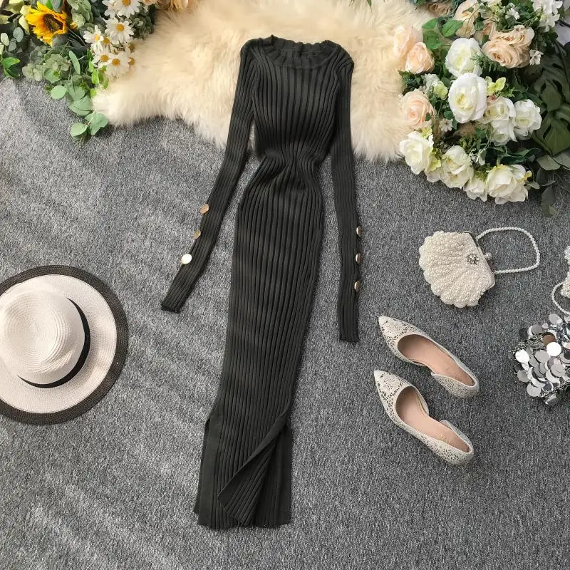 ALPHALMODA французское платье Популярные пуговицы рукав пуловеры туника платье вязаный свитер платье сплошное v-образным вырезом сексуальное платье шаг