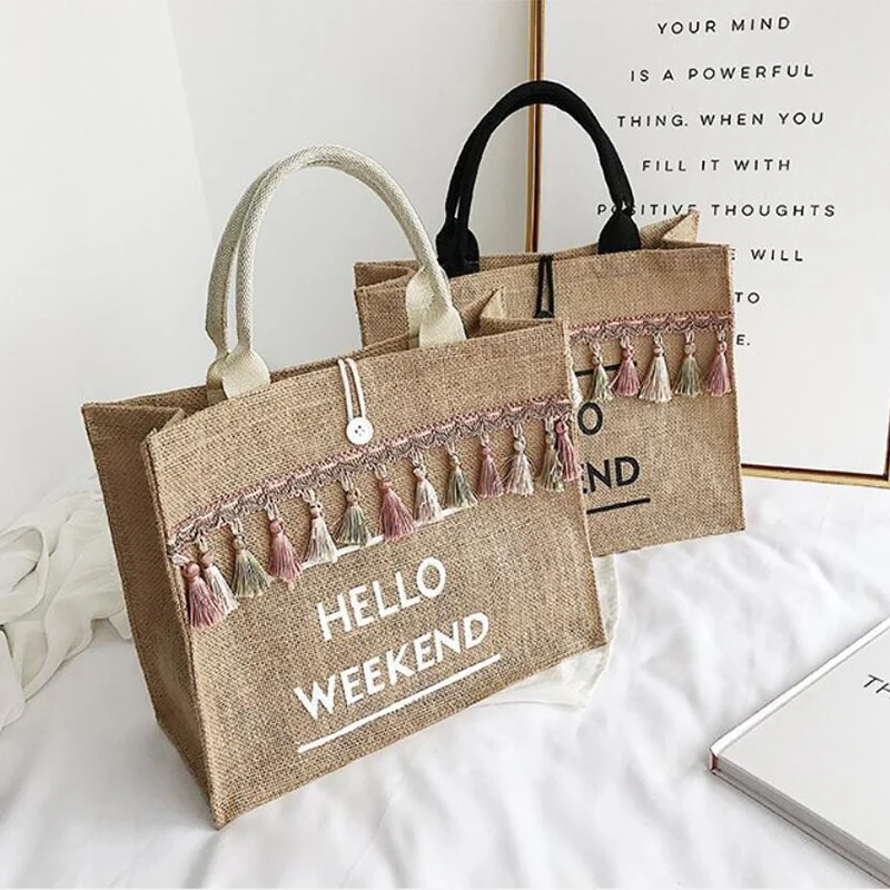 

Women Handbags Summer Large Capacity Lady Tassel Shoulder Bag Big Letter Linen Totes Casual Girls Travel Shopping Bag Beach Bag