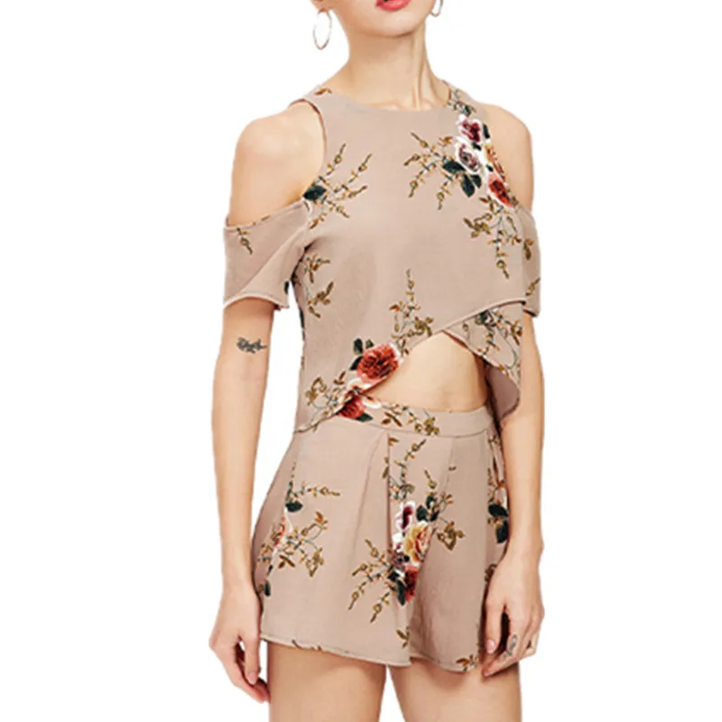 

Womens Two Piece Sets Irregular hem Ladies Flower Print Sleeveless Keyhole Tie Back Pleated Halter Top and Shorts Set AB158