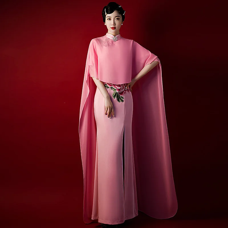 

Over Size 3XL-6XL Shawl Qipao Rayon Embroidery Flower Long Cheongsam Lady Traditional Chinese Dress Gown Elegant Party Vestidos