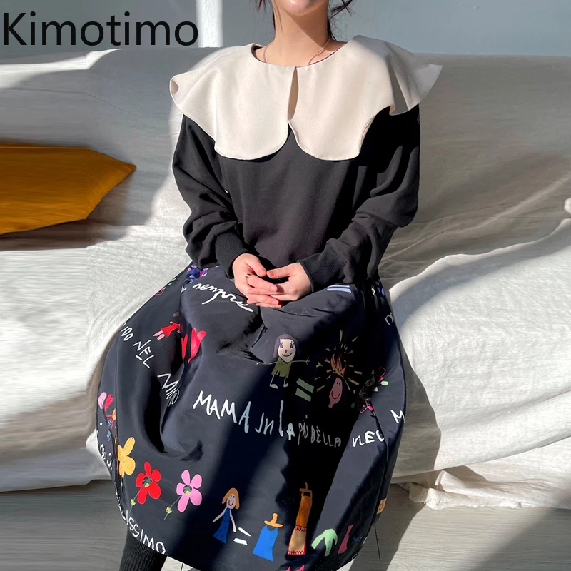 

Женский комплект из двух предметов Kimotimo, толстовка с отложным воротником и длинным рукавом и длинная юбка с высокой талией и мультяшным при...