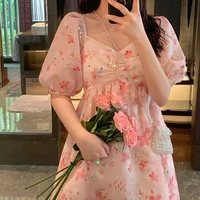 pink sequined womens dress summer elegant floral sweet puff sleeve chiffon mini dress 2021 high quality ladies clothing