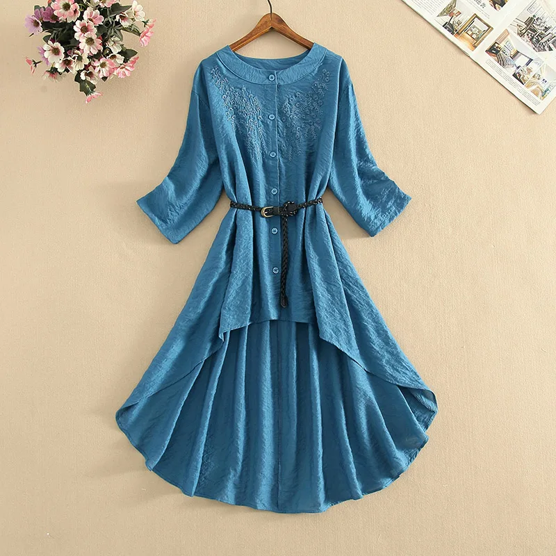 

Spring Summer New Flower Embroidery Long Tops Vintage Cotton Linen Blouse Women Half Sleeve Shirts Female Robe Chemise Tunic