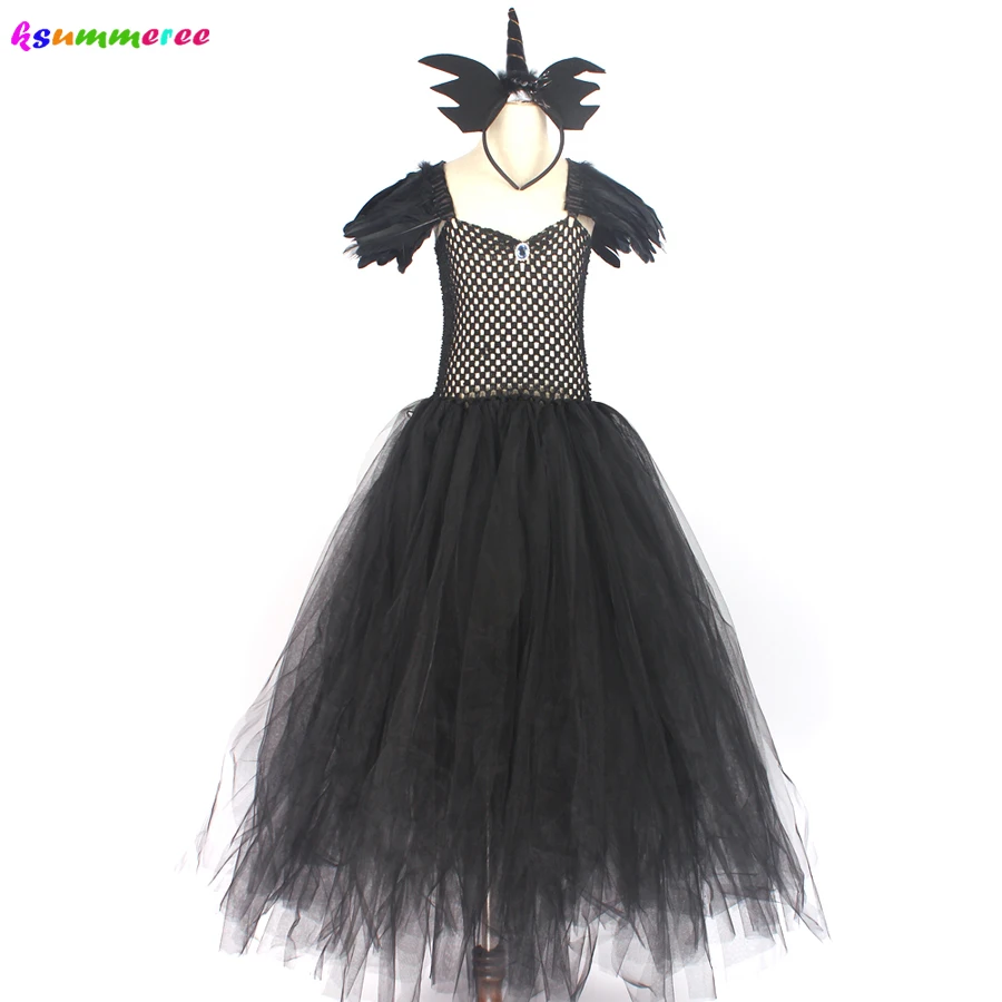 Black Long Devil Tutu Dress Halloween Costume Girls Tulle Dark Angel V-neck Kids Pageant Carnival Party Ball Gown Dresses | Детская