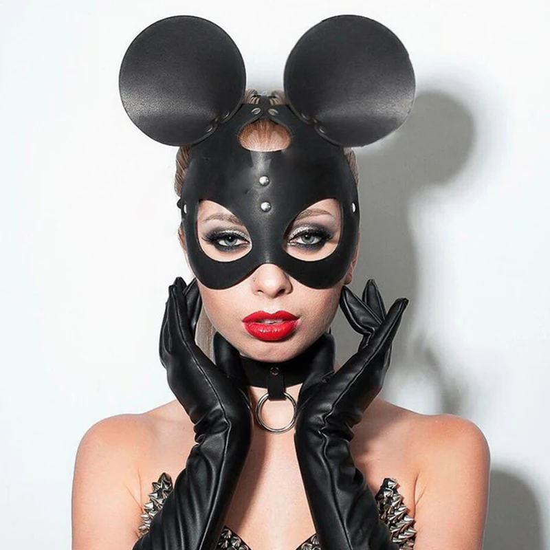 Women Cosplay Mouse Ears Half Face Mask Sex Bondage Erotic Fetish PU Leather Mask Halloween Masquerade Carnival Punk Party Mask