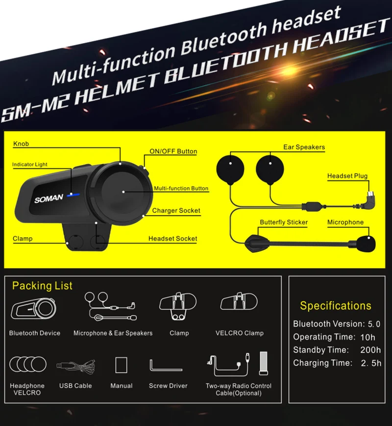 Гарнитура SOMAN для мотоциклетного шлема коммуникатор с поддержкой Bluetooth 1000m 6 шт.