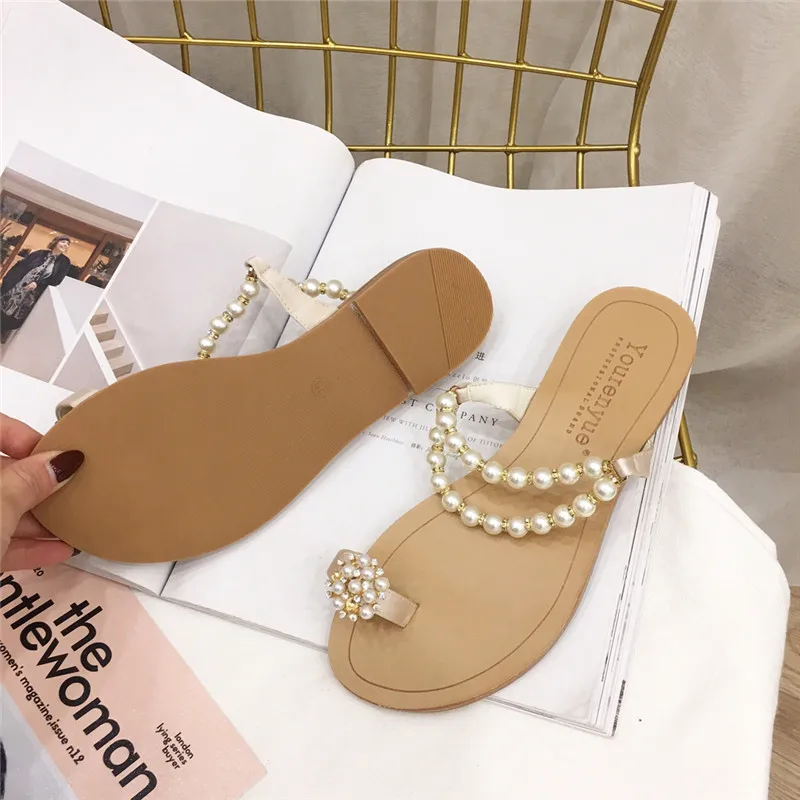 

2021 summer ladies style sweet pearl flower set-toe sandals and slippers flat vacation beach women's shoes