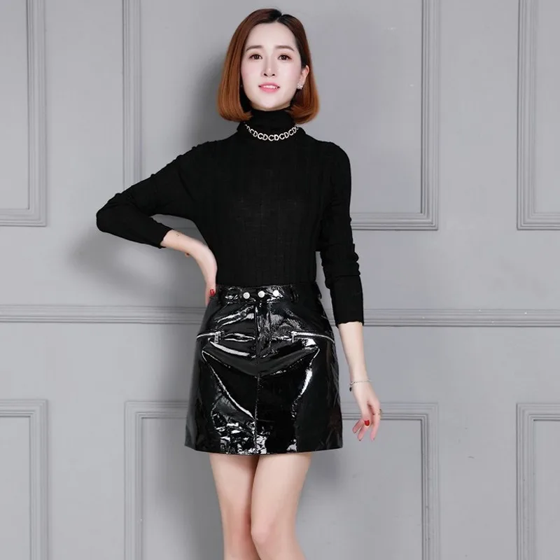 

Elegant Womens New Genuine Leather High Waist Casual A-Line Skirts Zippers Pockets Button Sheepskin Fashion Above Knee Skirts