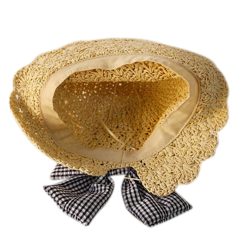 

Girls' Plaid Bow Straw Hat Summer Breathable Hats Kids Beach Capsunscreen Lattice Cute Baby Girl Seaside Holiday Cap