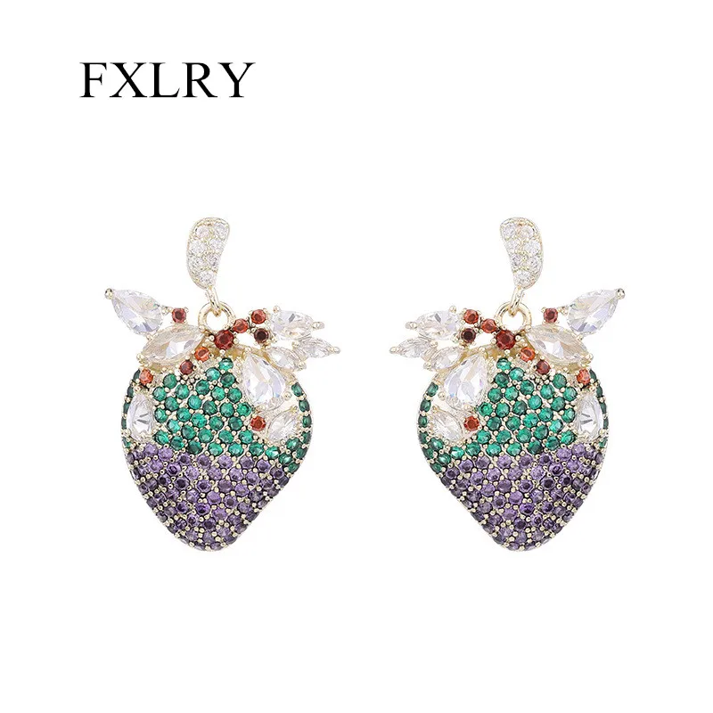 

FXLRY High Quality Fashion Colorful Zircon Fruit And Strawberry Earrings For Women Party Wedding Jewelry