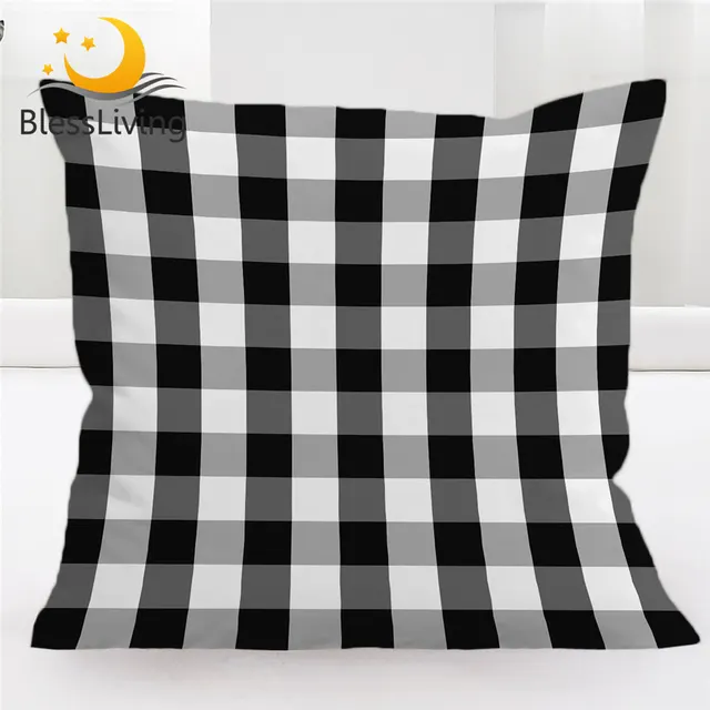 BlessLiving Tartan Cushion Cover Scottish Pattern Pillow Case Chequered Decorative Throw Pillow Cover Black White Home Decor 1