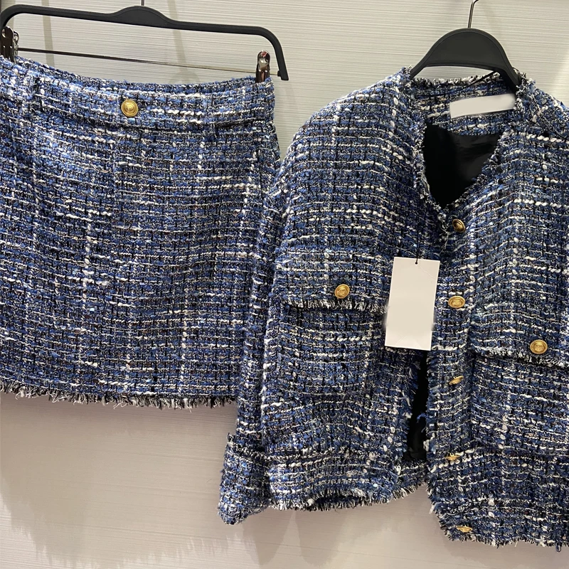 Женский винтажный клетчатый твидовый комплект из двух предметов Офисная куртка