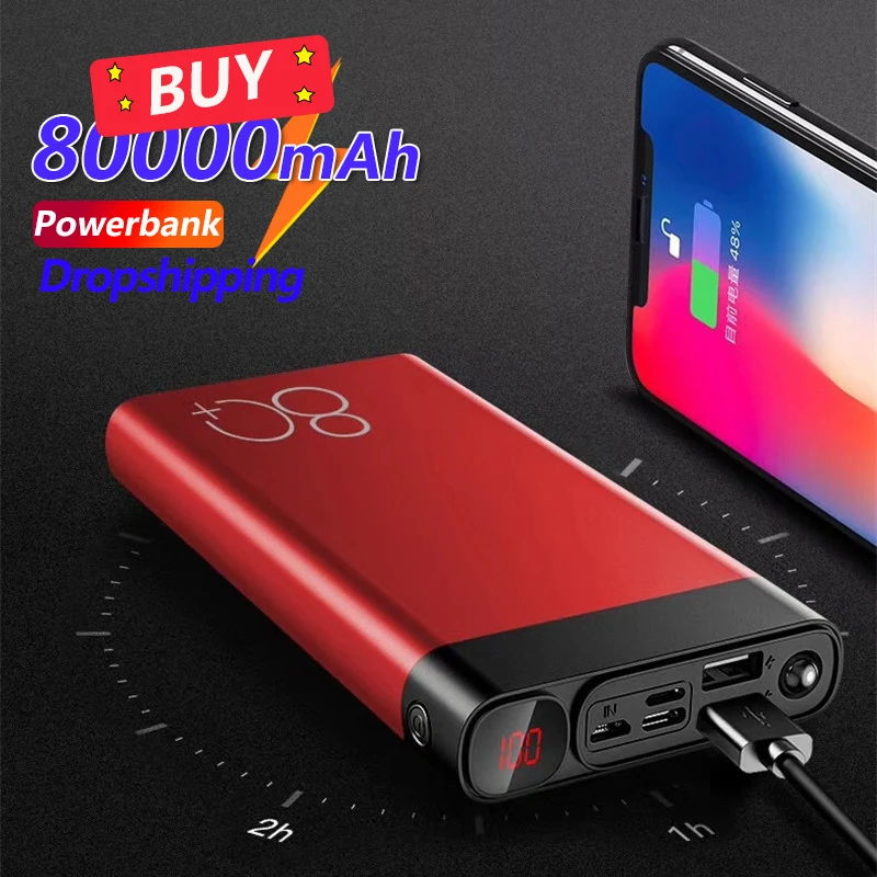 

80000mAh Power Bank Large Capacity Portable Charger Outdoor Play External Fast Charge Battery for IPhone Xiaomi Samsung