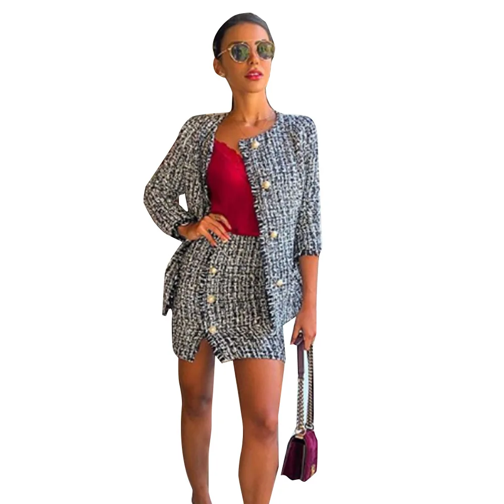 

2019 European and American Women's Woolen Houndstooth Elegant Skirt Set