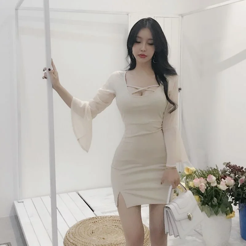 

Internet Hot Anchor U-neck Low-cut Chiffon Sleeves Stitching Nightclub Skirt Sheath Slit Base Dress for Women.