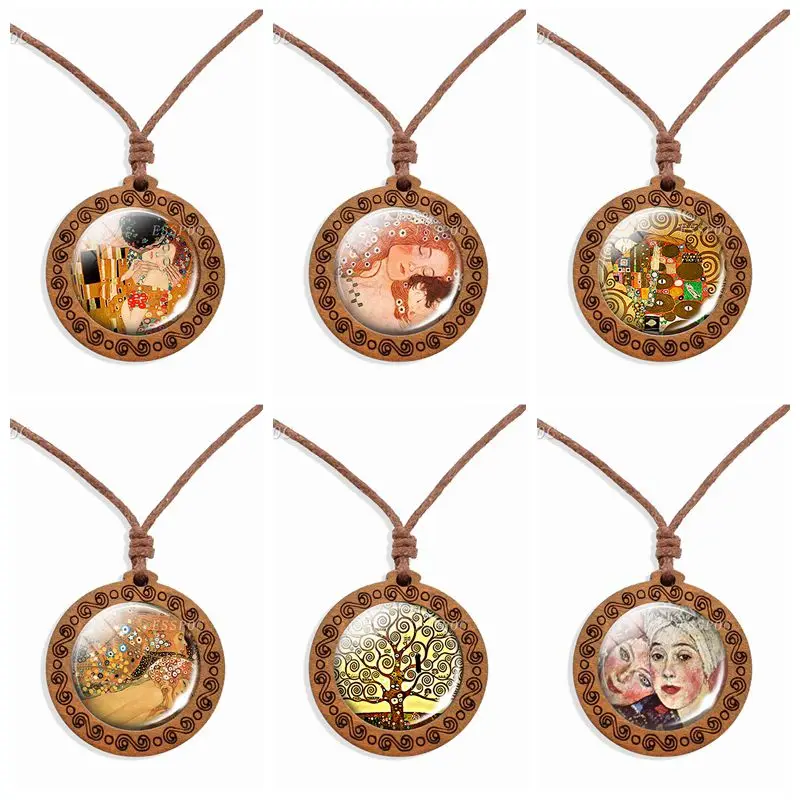 Известная картина Густава Климта стеклянный кабошон дерево ожерелье поцелуй