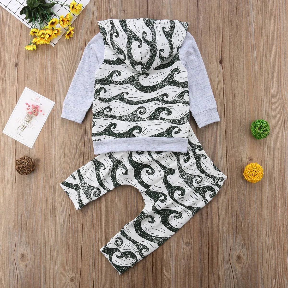 Autumn Long Sleeve Hooded Tops Pants Outfits Wave Cotton Boy Clothing 0-24M 2pcs Newborn Baby Boys Clothes Set |