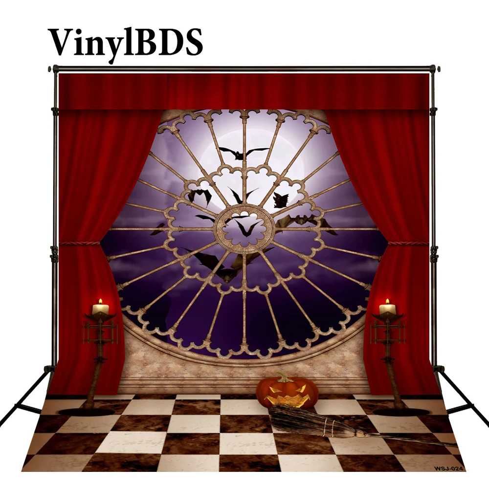 Винилбдс Хэллоуин фон для фотосъемки красный занавес Окно Фон Луна фоны