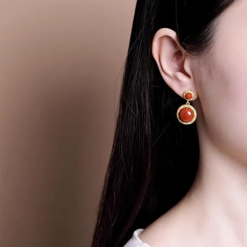 

Natural South Red Tourmaline Earrings Chinese style retro palace style unique ancient gold craft charm women's brand jewelry