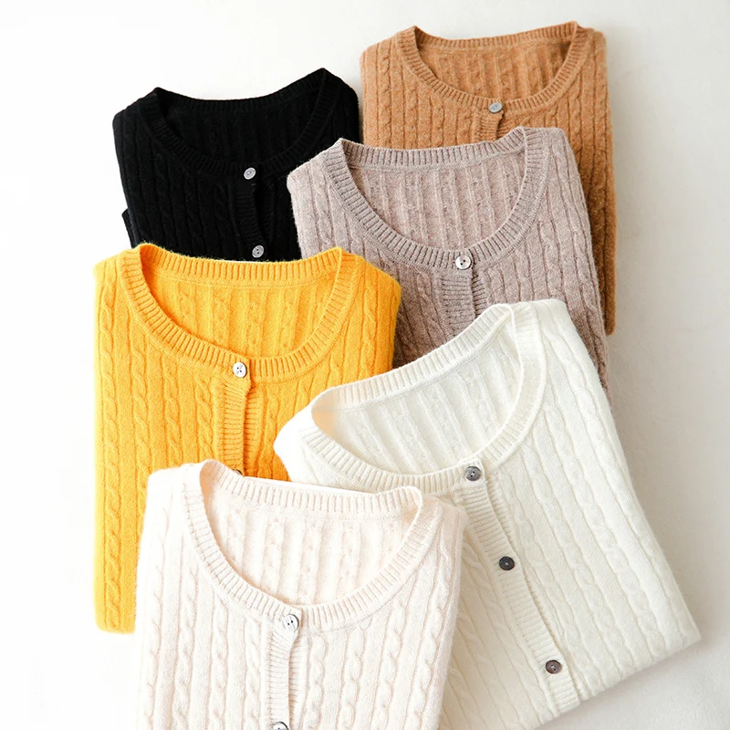 

Женский кашемировый кардиган с круглым вырезом, повседневный трикотажный свитер из чистой шерсти, корейский стиль, Осень-Зима 100%