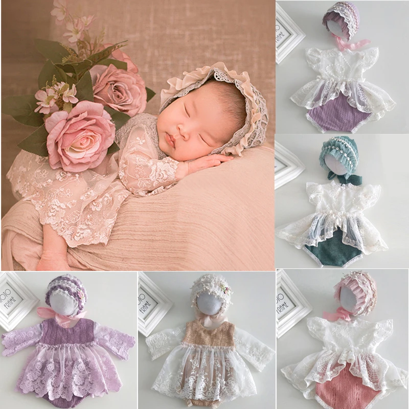 Newborn Photography Clothing Baby Girl Lace Hat+Romper Set Infant Photo Props Accessories Studio Newborn Baby Shooting Clothes
