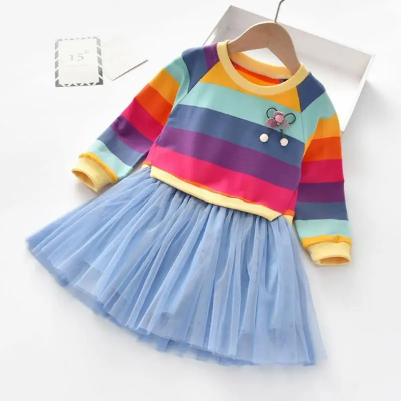 2020 новые платья для девочек весна-осень детское разноцветное платье в полоску с