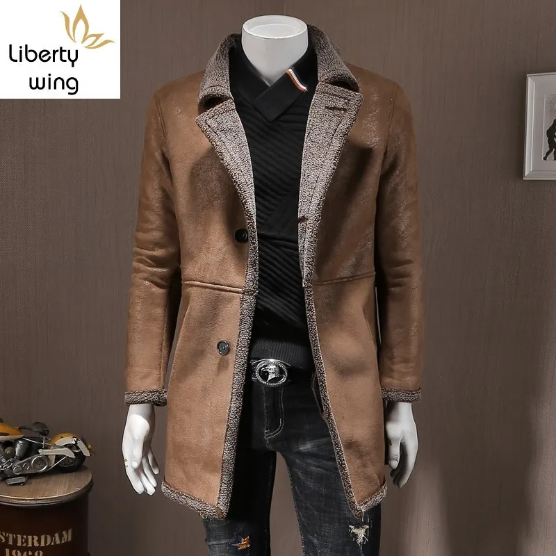 

Fashion Mens Winter Thick Warm Fleece Lining Outerwear Casual Long Sleeve Single Breasted Lapel Male Medium Length Coats