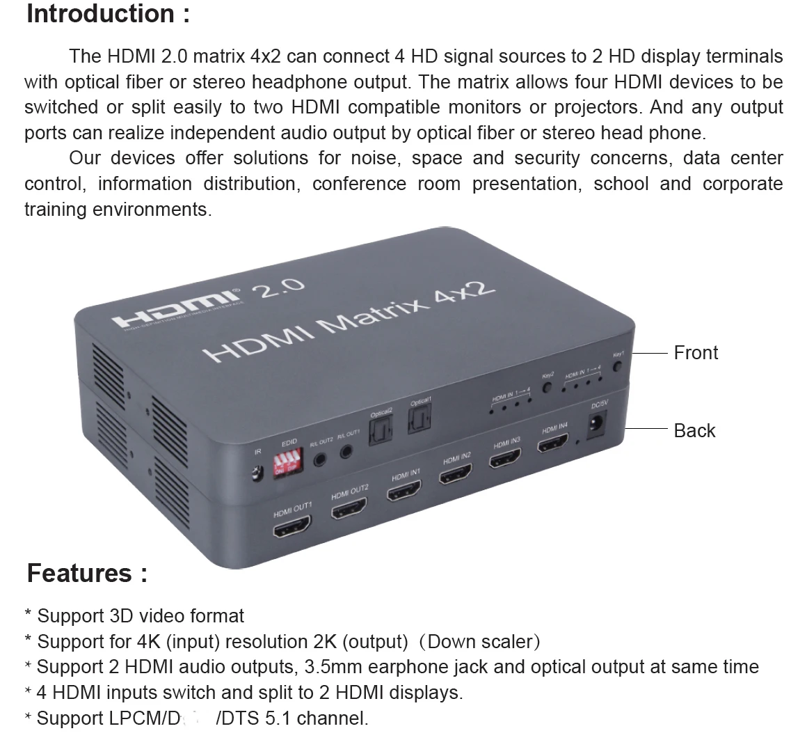 HDMI 2,0 Matrix 4x2 Scaler 4K 60Hz HDMI переключатель сплиттер матрица Поддержка аудио независимо от оптического или стерео LPCM/DTS